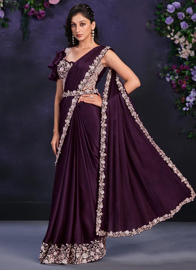 Crape Satin Silk Purple Party Wear Sequence Work Saree